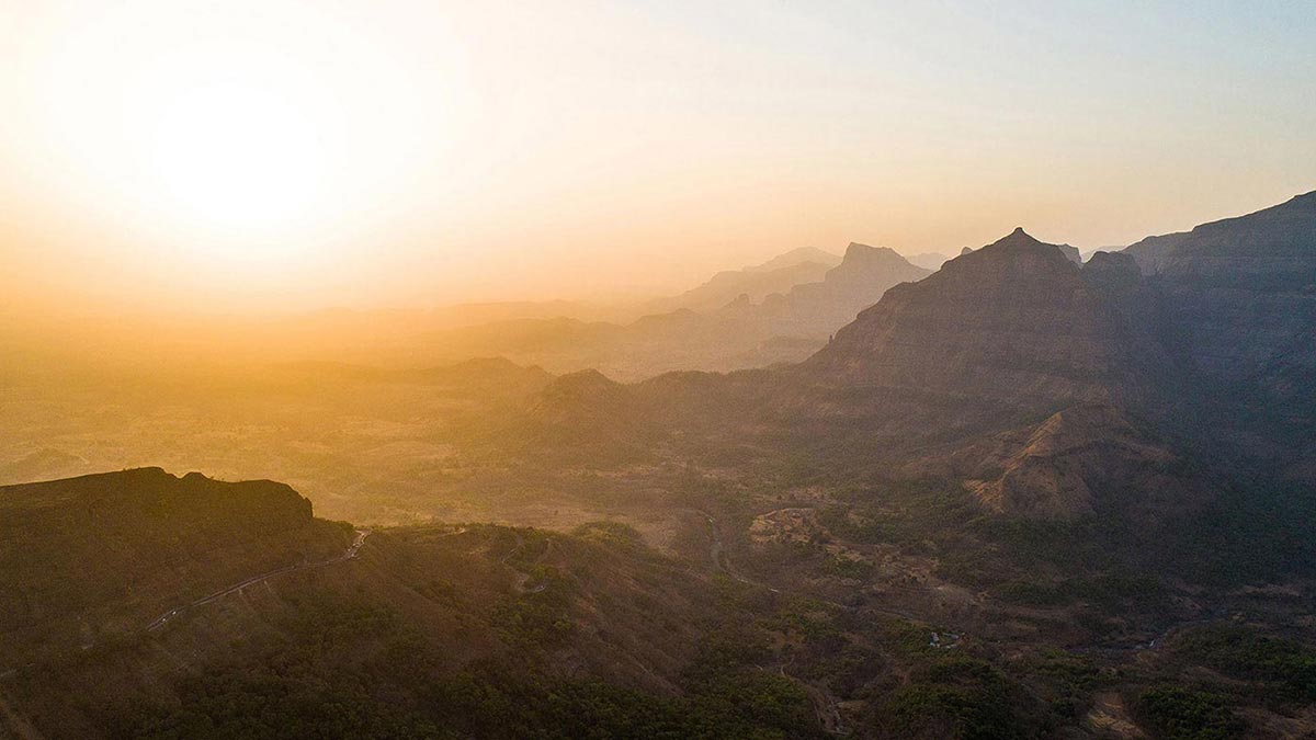 Sunrise over the Malshej Ghats, the Western Ghats foothills surrounding Nehamrit Farms